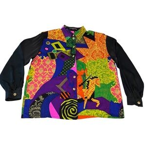Vintage Louis Féraud Silk Statement Blouse‎ Horse Rider Moon Print Size 12